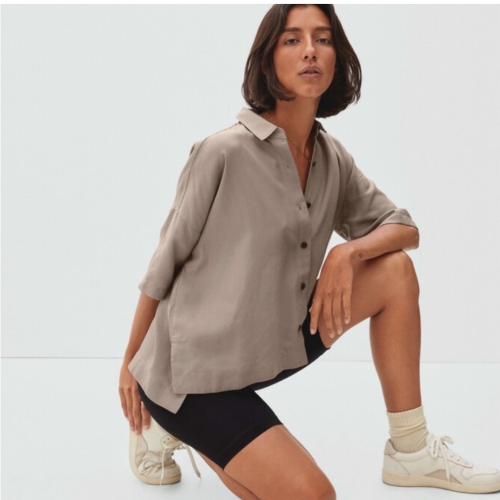 Everlane Lyocell Pink Tan Button Down Shirt Relaxed Square Fit SZ S